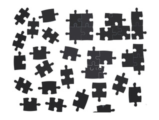 Black Puzzle Piece Silhouette Collection, Top View Isolated Jigsaw Pieces, Vector Illustration, Minimalist Concept, Abstract Connection, Creative Problem Solving Design Elements
