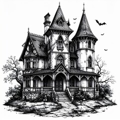 Haunted Victorian House Monochrome Illustration