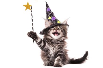 Whimsical Feline Persona: A Maine Coon in Anthropomorphic Attire – Magic Hats, Glasses, Sunglasses, Swimming Goggles & More, in Close-Up on White Background
Get up close with a charmingly anthropomorp