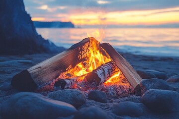 Campfire Setup on the Beach with Wood and Stones