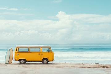 Yellow Van Parked Near a Beach with Surfboards