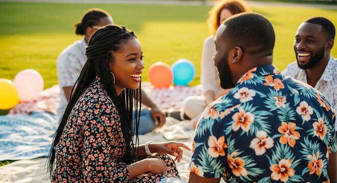 Diverse Group Celebrating Harmony Day with Picnic and Laughter in the Park - Powered by Adobe