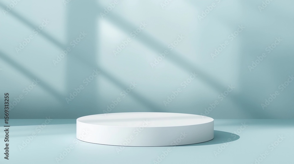 Poster abstract empty white podium with geometric shadows on blue background. mock up stand for product pre