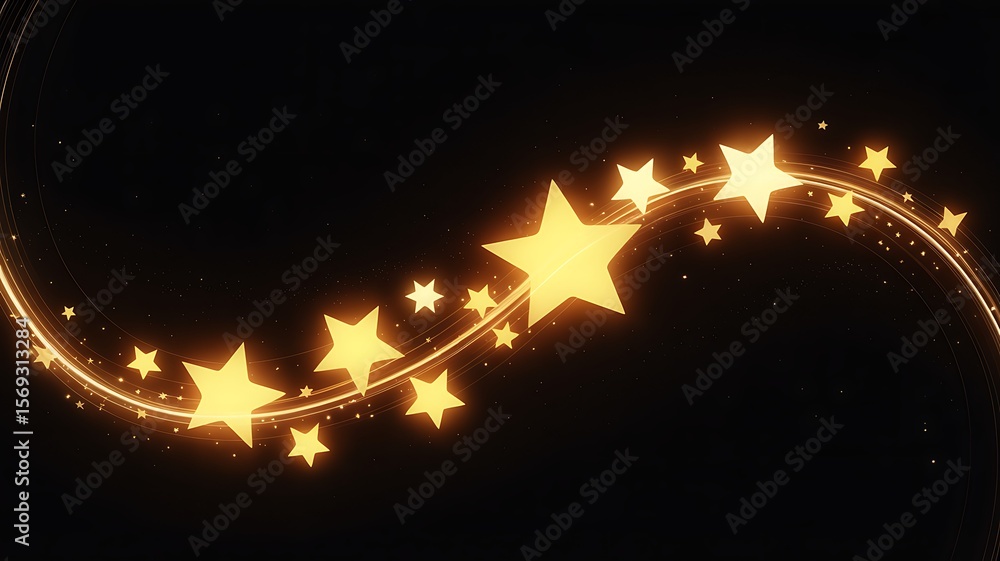 Poster glowing stars arranged in a curved line with light trails on a dark background creating a festive lo