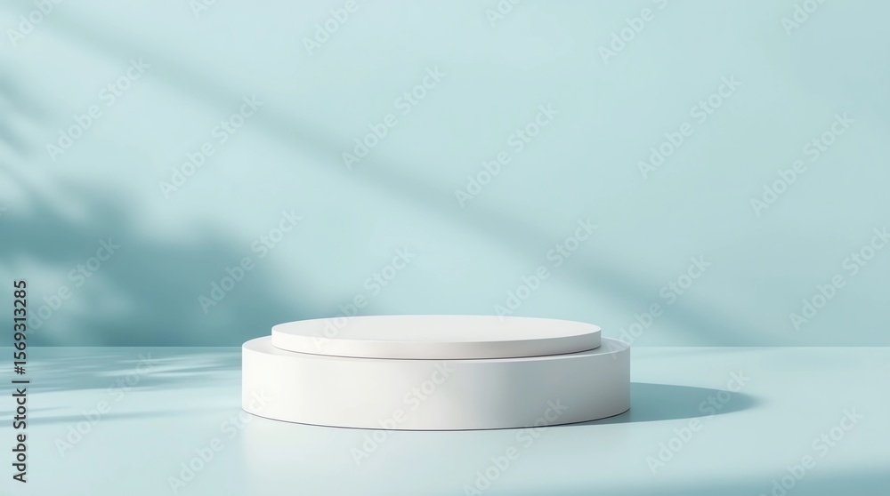 Poster abstract empty white podium with geometric shadows on blue background. mock up stand for product pre