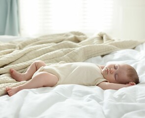 Cute newborn baby sleeping on bed indoors