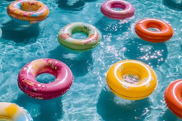 Vibrant Pool Floaties in a Pristine Blue Oasis