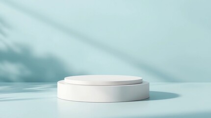 Abstract empty white podium with geometric shadows on blue background. Mock up stand for product presentation. Minimal concept 