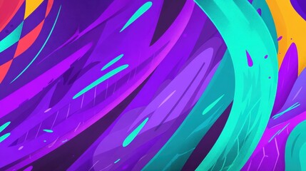 Vibrant abstract digital art featuring flowing purple and teal shapes against a dark background
