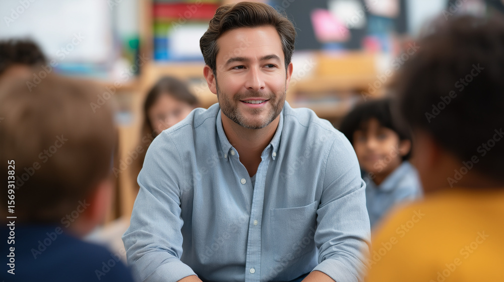 Aufkleber engaging classroom discussion with diverse students in a dynamic setting
