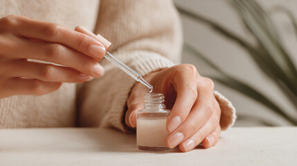 A woman's hands carefully applying serum from a dropper to a small bottle.