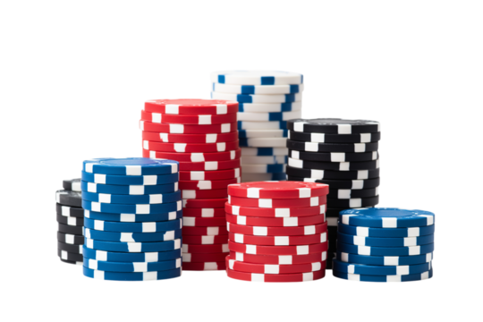 Stacks of poker chips in red, blue, and black isolated on white background