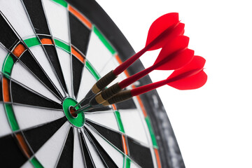 Three darts perfectly hit the center of dartboard isolated on white background