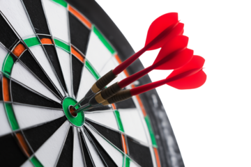 Three darts perfectly hit the center of dartboard isolated on white background