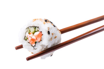 sushi held by chopsticks isolated on white background