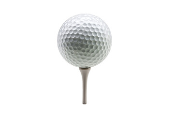 pristine golf ball resting on golf tee isolated on white background