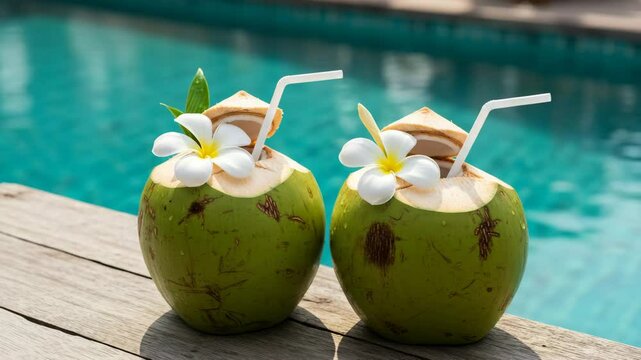 Coconut drinks poolside summer vacation tropical refreshment