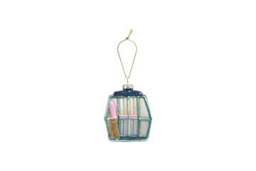 Glass christmas ornament shaped like a ski lift gondola with skis isolated on transparent background