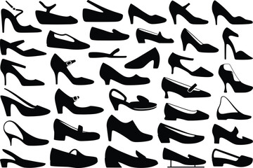 Set of elegant black silhouette women shoes, high heels, formal footwear icons, stylish fashion vector, modern female shoe design collection