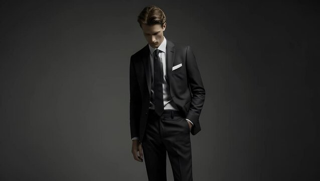Man in a dark suit and tie with a white pocket square stands against a gray background