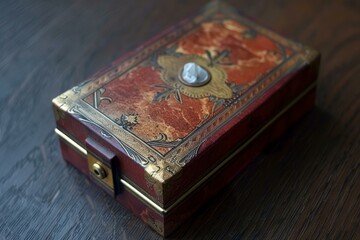 Decorative vintage box featuring ornate metalwork and rich wood textures