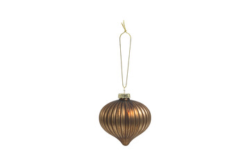 Elegant ribbed bronze christmas ornament hanging with a golden string isolated on transparent...