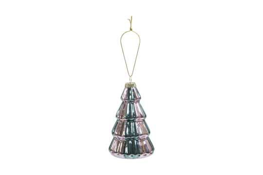 Iridescent glass christmas tree ornament with gold string isolated on transparent background