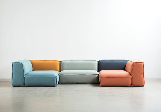 Modern modular sofa in vibrant colors, featuring a unique design with soft cushions and a contemporary aesthetic, perfect for stylish living spaces and interior decor