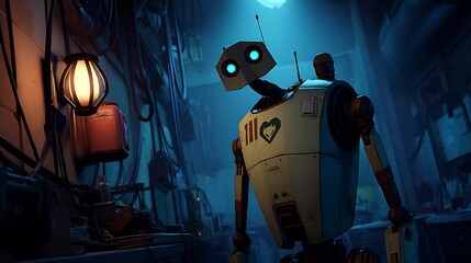 Retro Robot Alleyway Cyberpunk Illustration.