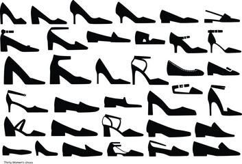 Silhouette collection of thirty stylish women’s shoes, high heels, elegant footwear, black icons, fashion vector, modern female shoe design