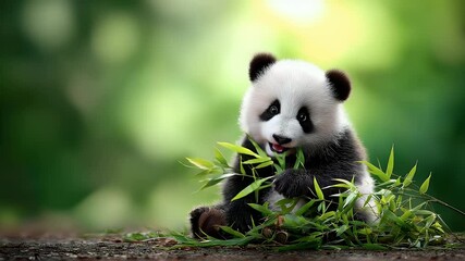 Baby panda eating bamboo in forest