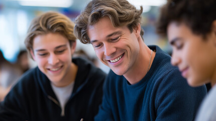 Fototapeta premium High school students collaborating with teacher on group project