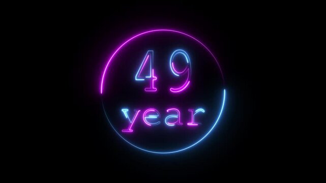 Glowing neon 49 year animated icon. 49 year icon animation, circle and 49 year completed anniversary event celebration animation, black background 4k video.