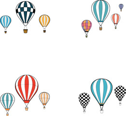 A set of colorful hot air balloons flying in the sky with soft white clouds around them, minimal flat vector style, clean line design, no textures, no gradients, white background