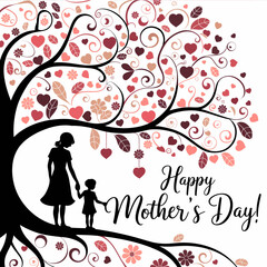 Mother and child silhouette under floral heart tree, Mother's Day greeting.

