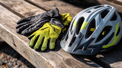 Close-up of modern bike safety helmet and gloves laid out on wooden bench