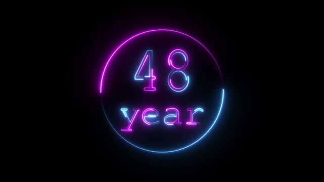 Glowing neon 48 year animated icon. 48 year icon animation, circle and 48 year completed anniversary event celebration animation, black background 4k video.