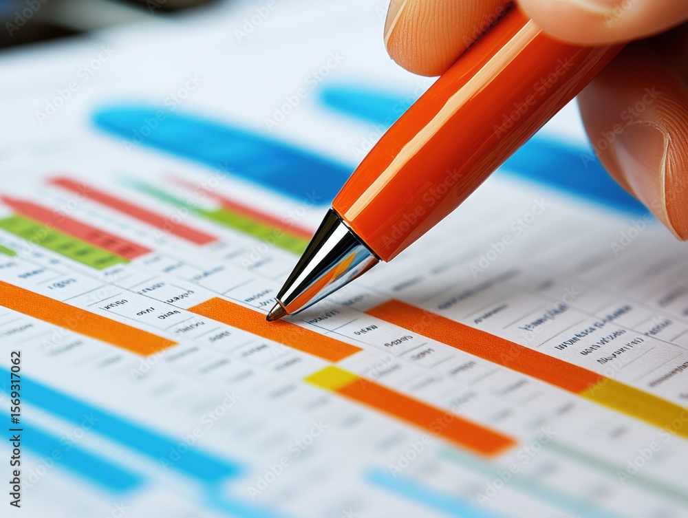 Poster a hand holding an orange pen marks specific sections on a printed report filled with colorful charts