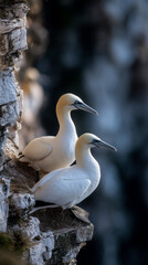 Portrait of pair Northern Gannet (Sula bassana) Wildlife scene from nature. Sea bird on the rock cliff 