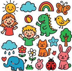 Naklejka premium Colorful Cartoon Kids and Animals Icon Set | Fun Doodle Vector for Children