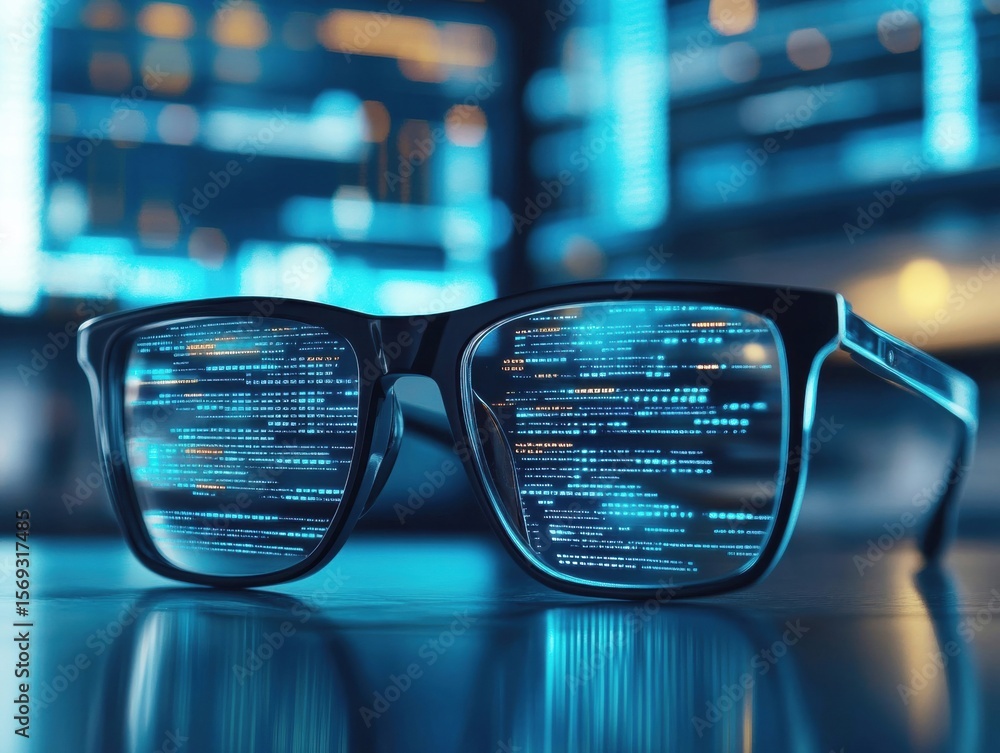 Aufkleber innovative eyewear rests on a desk, showcasing vibrant digital data and coding reflected in the lens