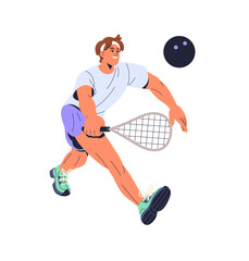 Padel tennis player is rushing to hit ball. Athlete with racket contests in sports game on court. Sportsman holds racquet, runs. Young man plays squash. Flat isolated vector illustration on white