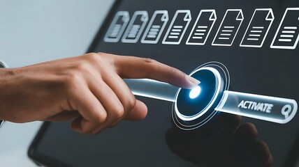 A hand activates a digital document management system on a touch screen interface.