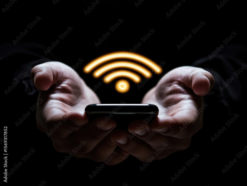 Aufkleber two hands are positioned to cradle a smartphone, illuminated by a glowing wifi symbol above. the set