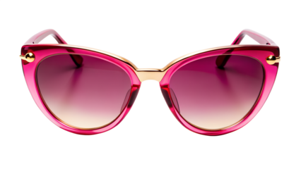 Stylish pink cat eye sunglasses with gold accents on transparent background