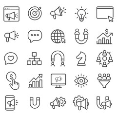 Digital Marketing Line Icons – Vector Set Featuring SEO, Social Media, Ads, Email, Analytics, Content Strategy & Growth Tools