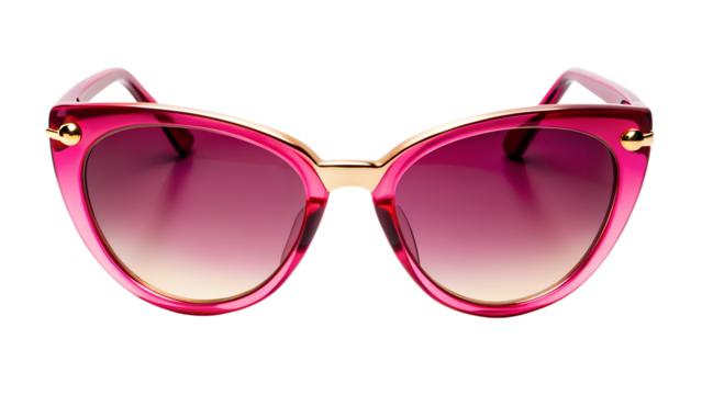 Stylish pink cat eye sunglasses with gold accents on transparent background