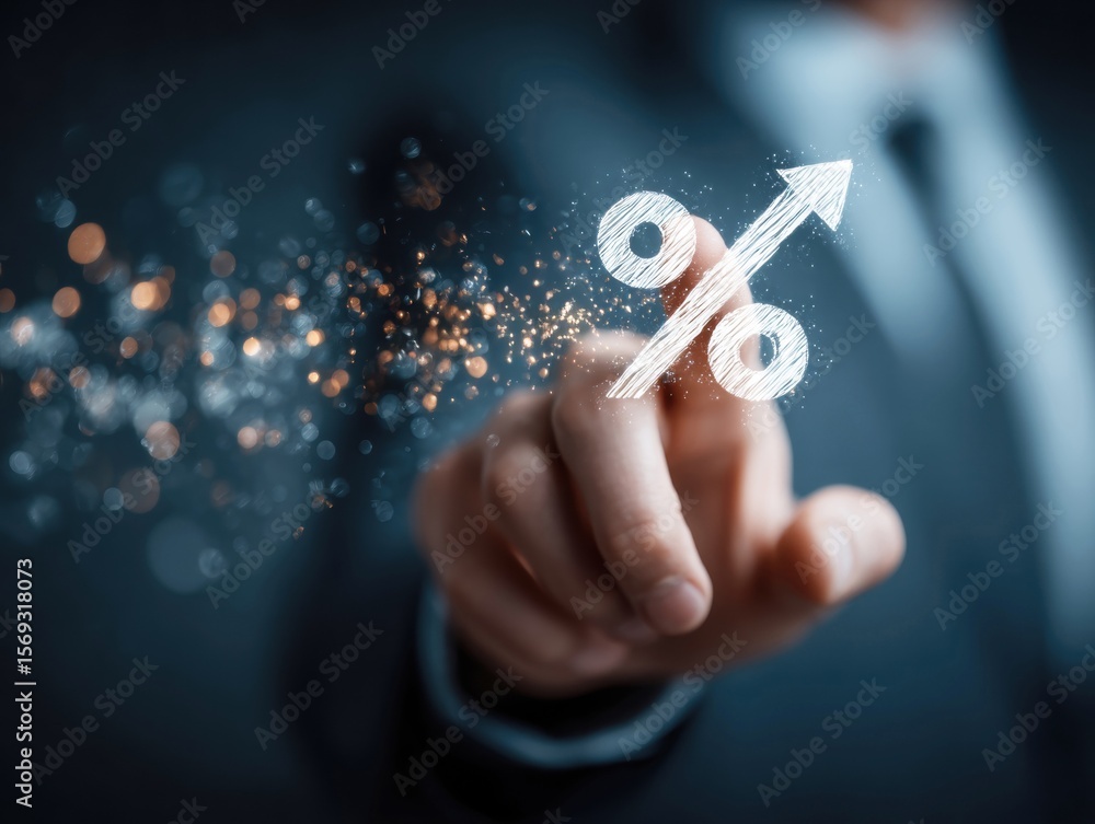Poster a business professional gestures toward a visual representation of growth with a percentage symbol a