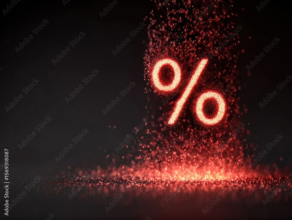 Poster a bright percentage symbol is formed from shimmering particles that scatter in the darkness. the glo
