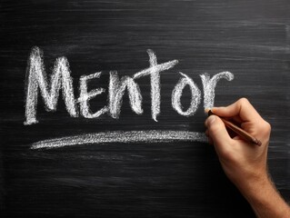 A hand writes the word mentor in chalk on a blackboard, highlighting the importance of guidance and support in a learning environment. The setting suggests an educational context.
